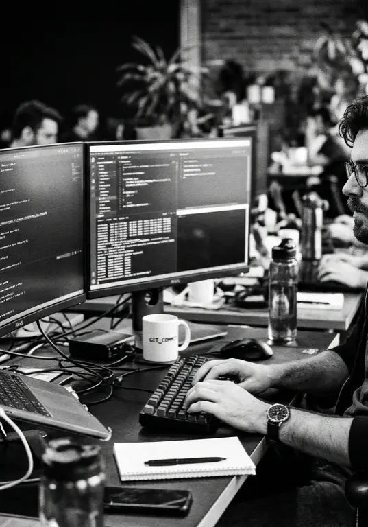 Candid black and white portrait of a male tech developer working at a multi-monitor desk, high contrast, natural lighting.