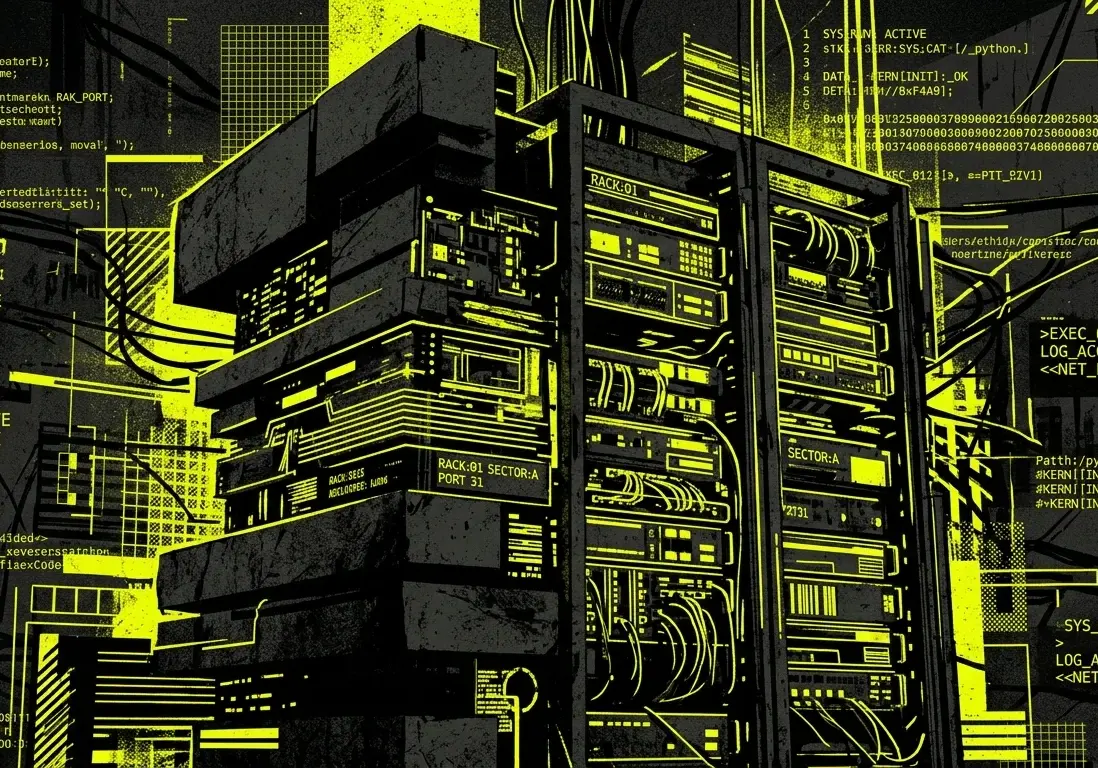 Abstract brutalist server rack or code terminal graphic, high contrast black and neon yellow, stark and technical.
