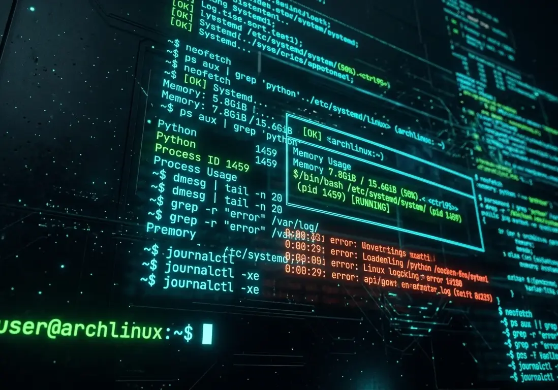 Abstract visual of a Linux terminal command line interface, glowing text on dark background.
