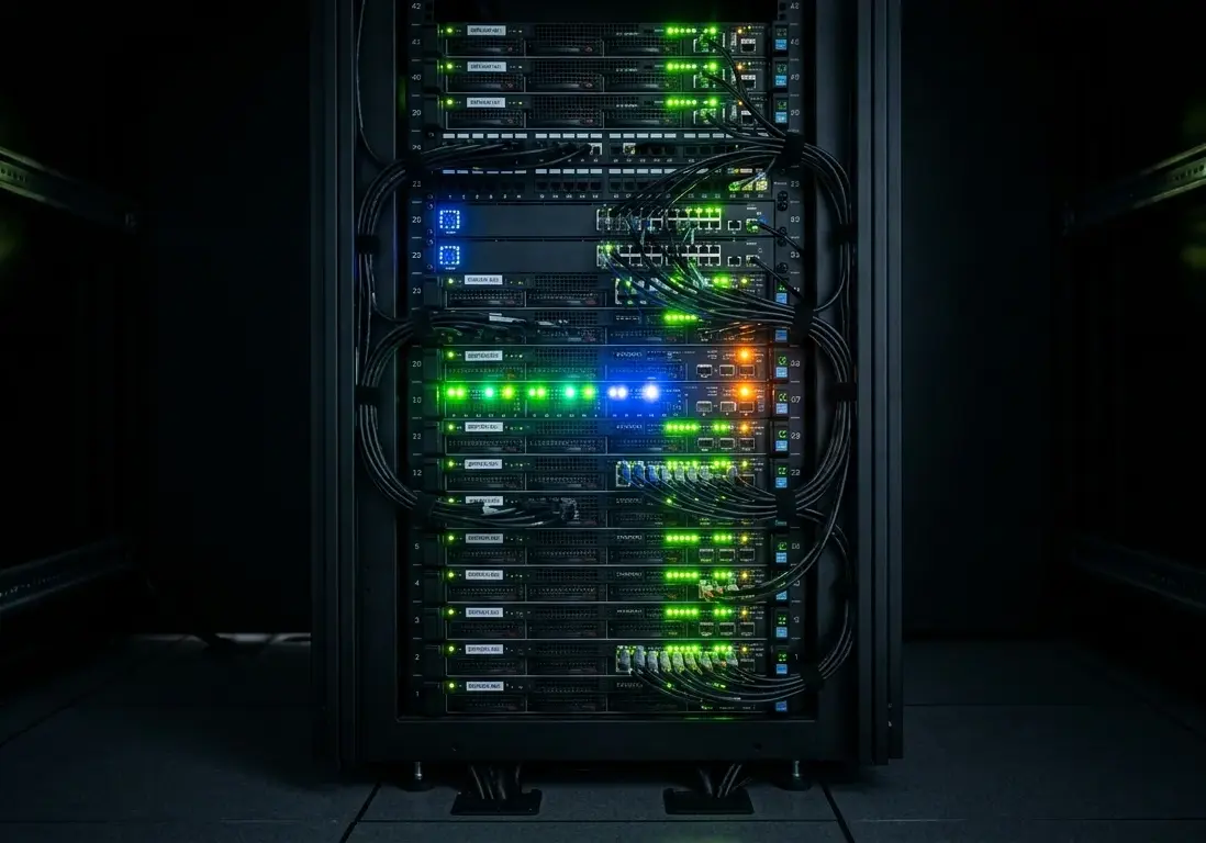 Minimalist server hardware rack in a dark room, glowing neon status lights, sharp focus.